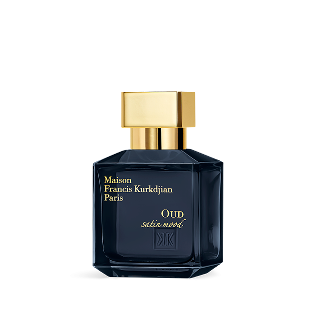 Maison Francis Kurkdjian Oud Satin Mood perfume bottle with dark blue glass and gold cap