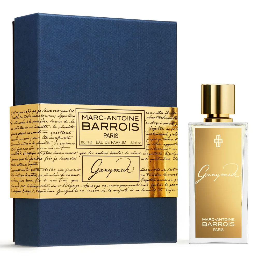 Ganymede Marc-Antoine Barrois perfume with gold label bottle and navy blue gift box packaging