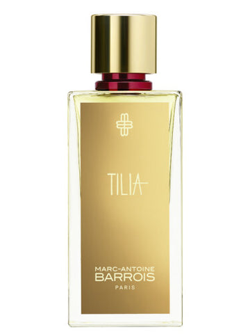 Tilia perfume by Marc-Antoine Barrois in a rectangular clear bottle with gold label and cap