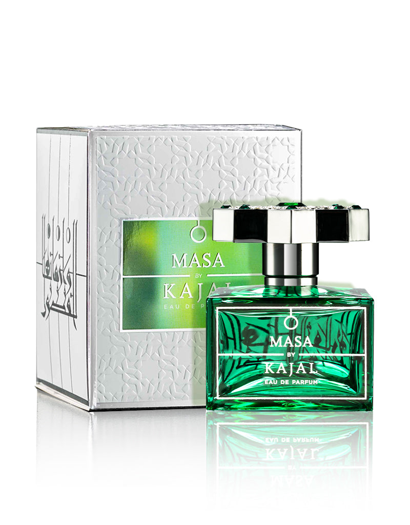Masa By Kajal perfume online green glass bottle with silver cap and white embossed packaging box