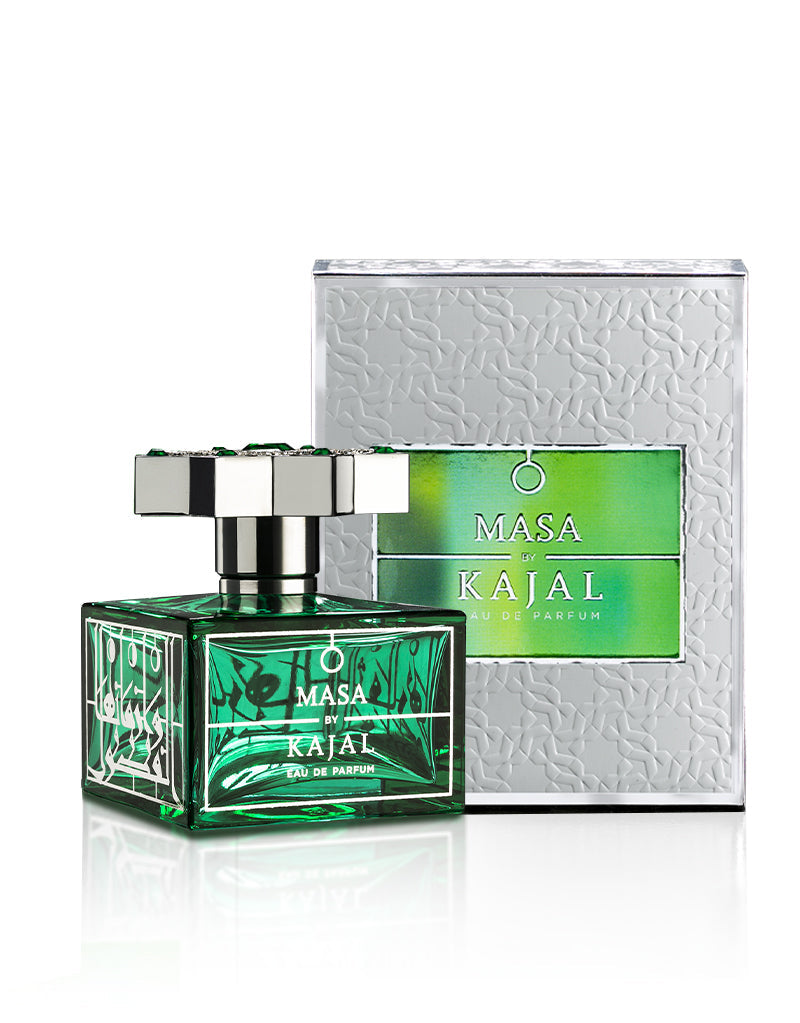 Masa By Kajal perfume online green glass bottle with silver cap and white embossed packaging box