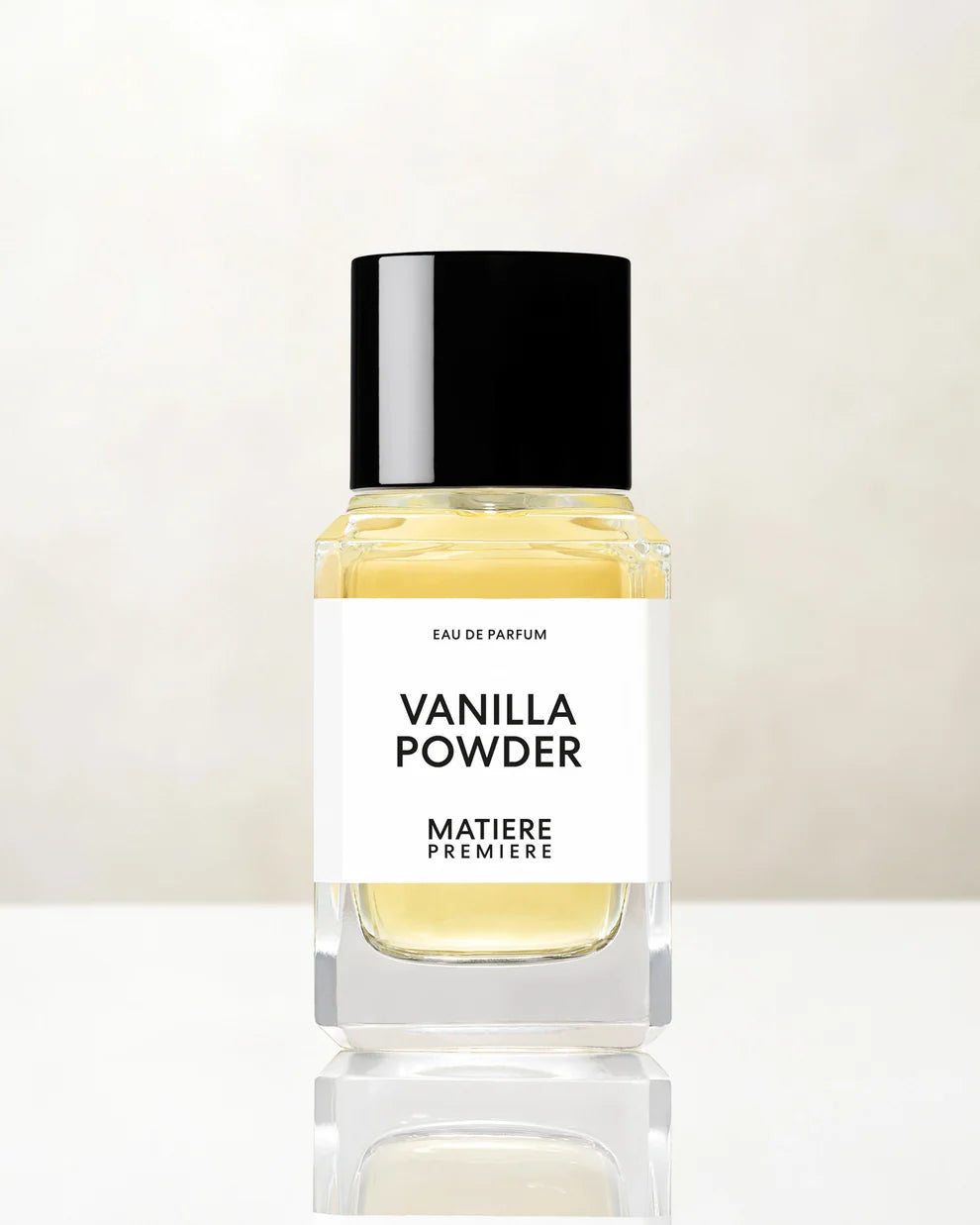 Matiere Premiere vanilla powder perfume in clear glass bottle with black cap and white label
