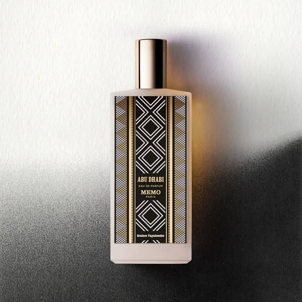 Memo Abu Dhabi Eau de Parfum bottle showcasing elegant design with geometric patterns