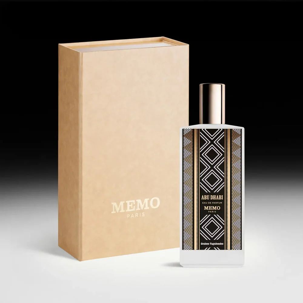 Memo Abu Dhabi Eau de Parfum bottle displayed with elegant packaging showcasing rich fragrance notes