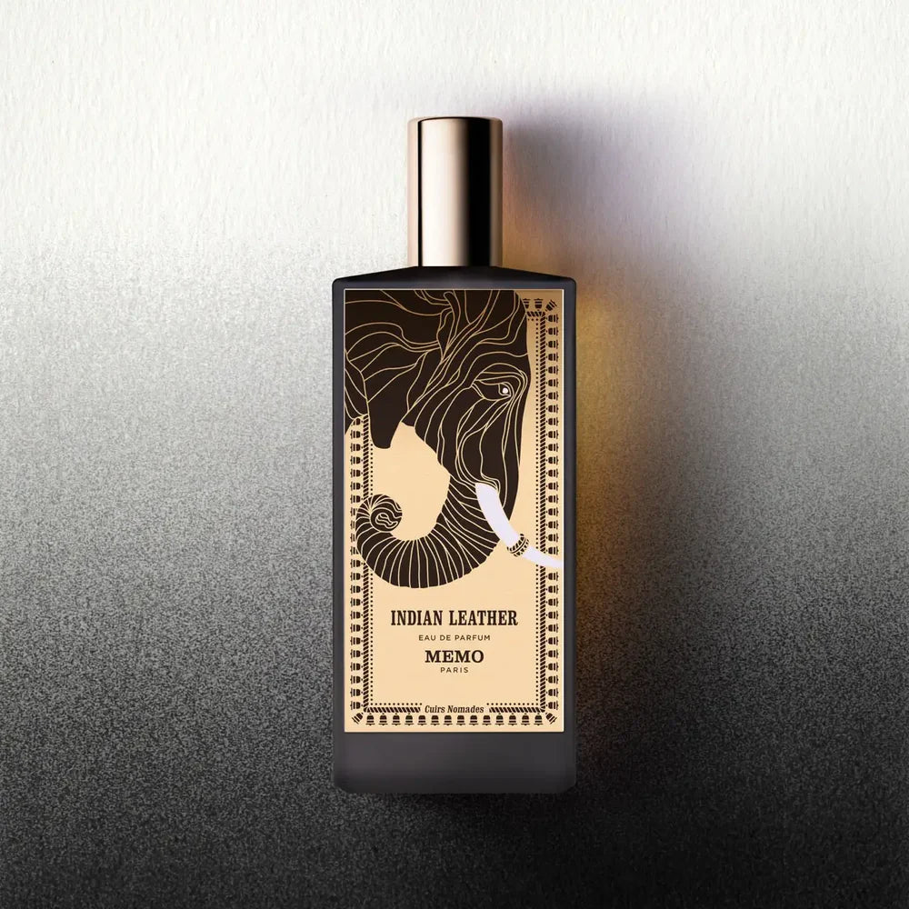 Memo Indian Leather Eau de Parfum bottle featuring an elephant design on a gradient background