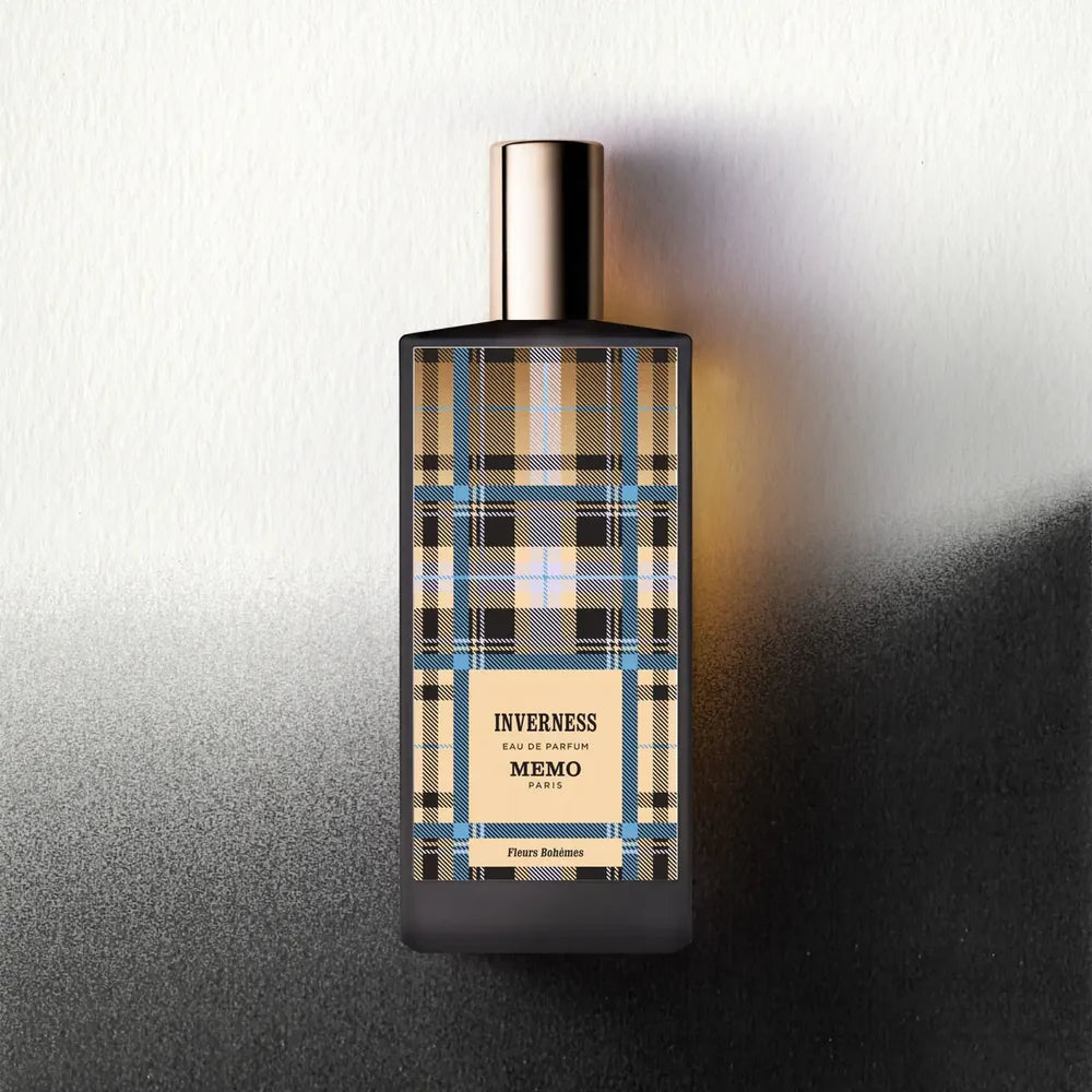 MEMO Inverness perfume Dubai in a stylish plaid bottle design for a luxurious fragrance experience