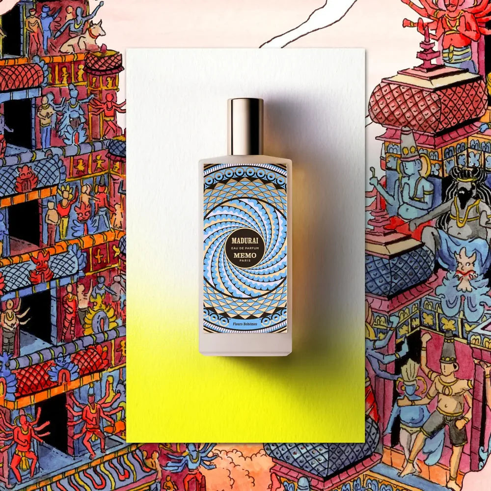 MEMO Madurai Eau de Parfum 75ml in an artistic bottle with vibrant design and cultural backdrop