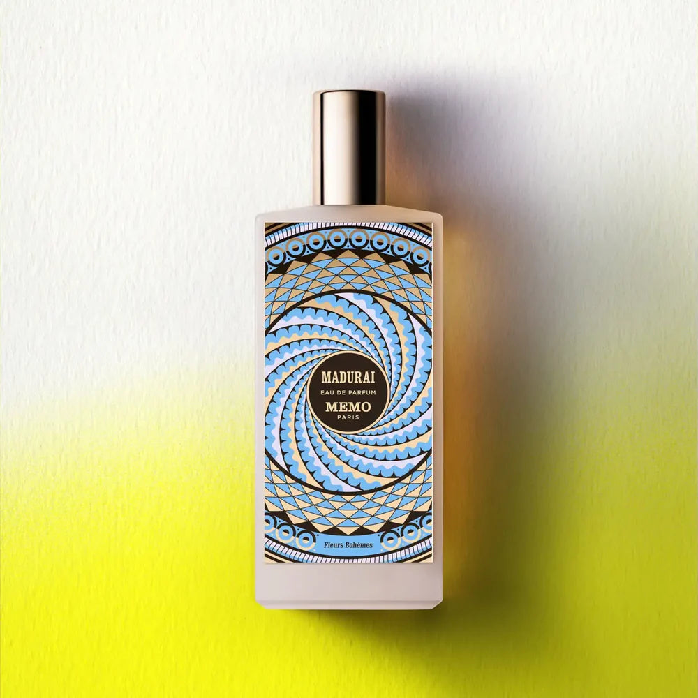 MEMO Madurai Eau de Parfum 75ml in an ornate bottle with intricate designs and pastel colors