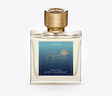 Memoirs of a Perfume Collector Pacific Grapefruit perfume bottle with gold textured cap and blue label