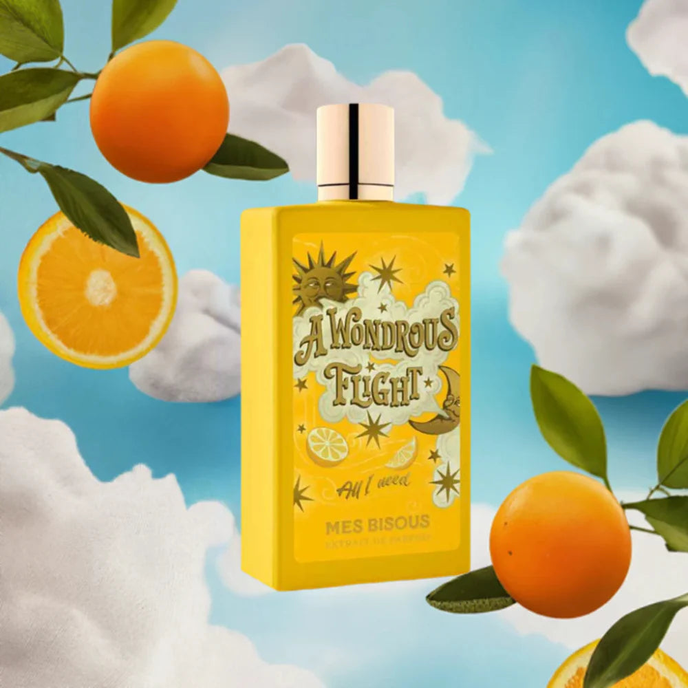MES BISOUS A Wondrous Flight Extrait de Parfum 100 ML with yellow bottle and matching case packaging