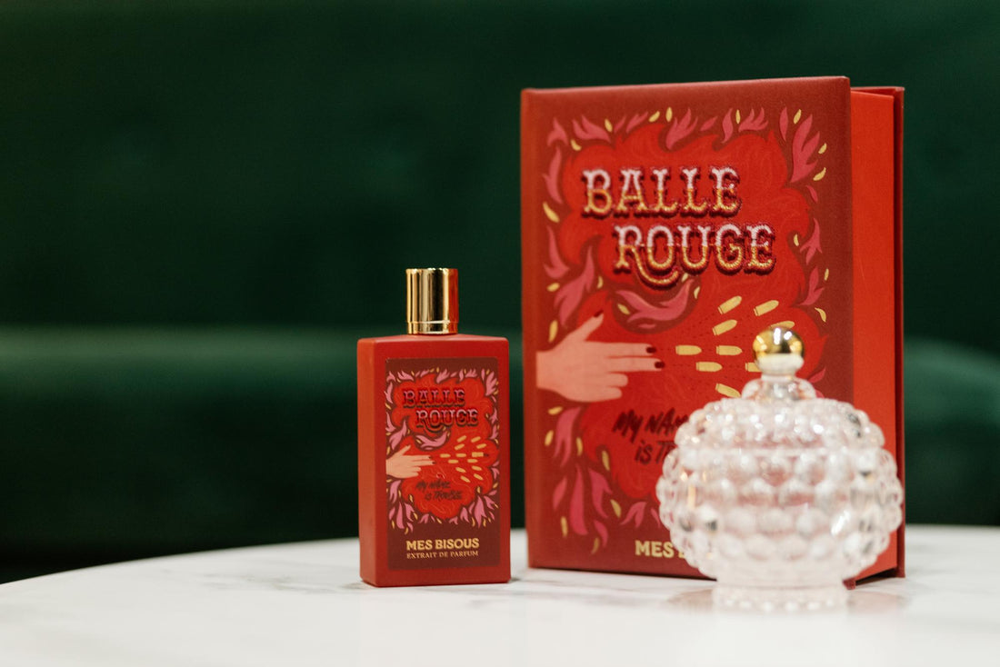 Balle Rouge Extrait de Parfum 100ml by MES BISOUS with red decorative bottle and matching box on white surface