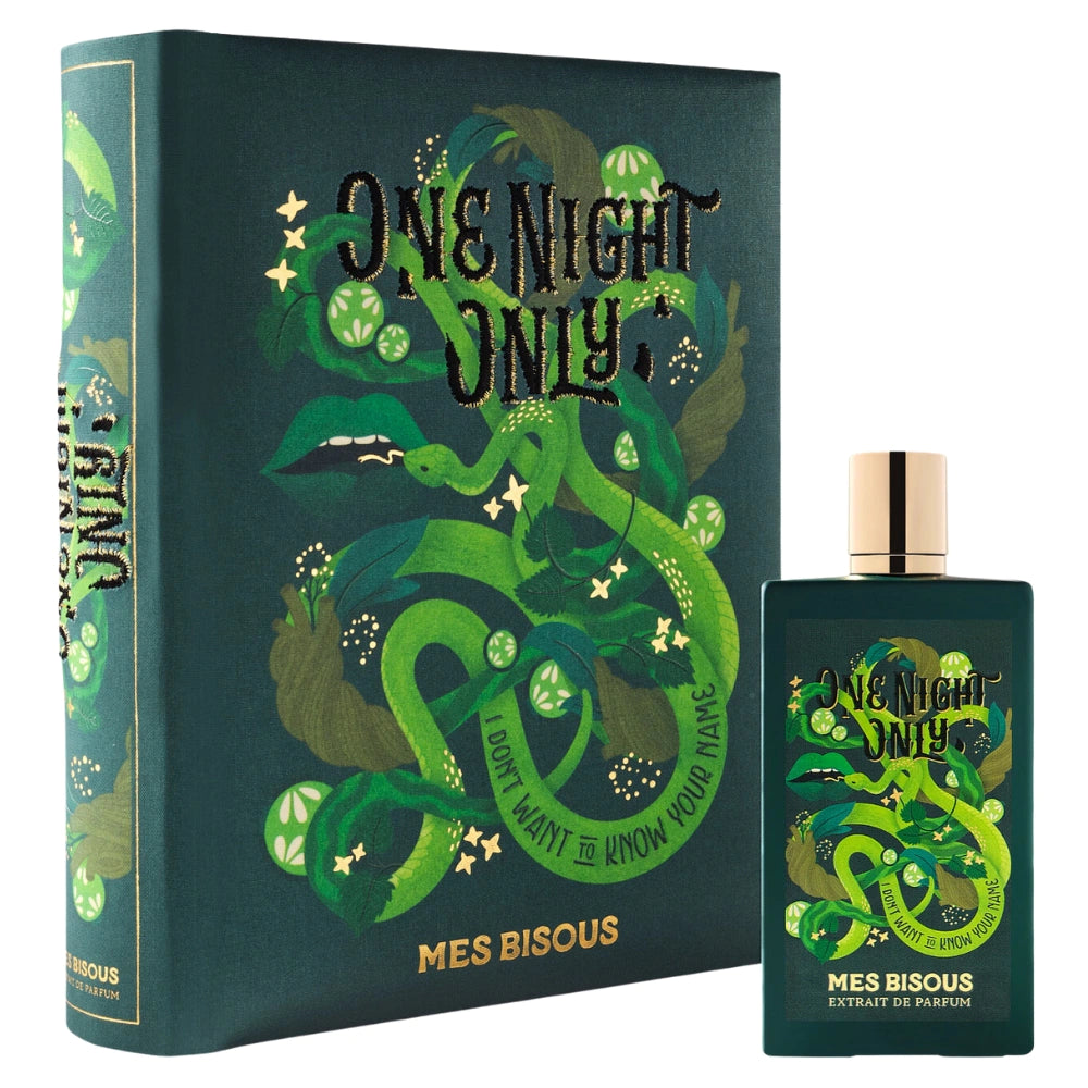 MES BISOUS One Night Only Extrait de Parfum bottle and decorative green snake-themed box