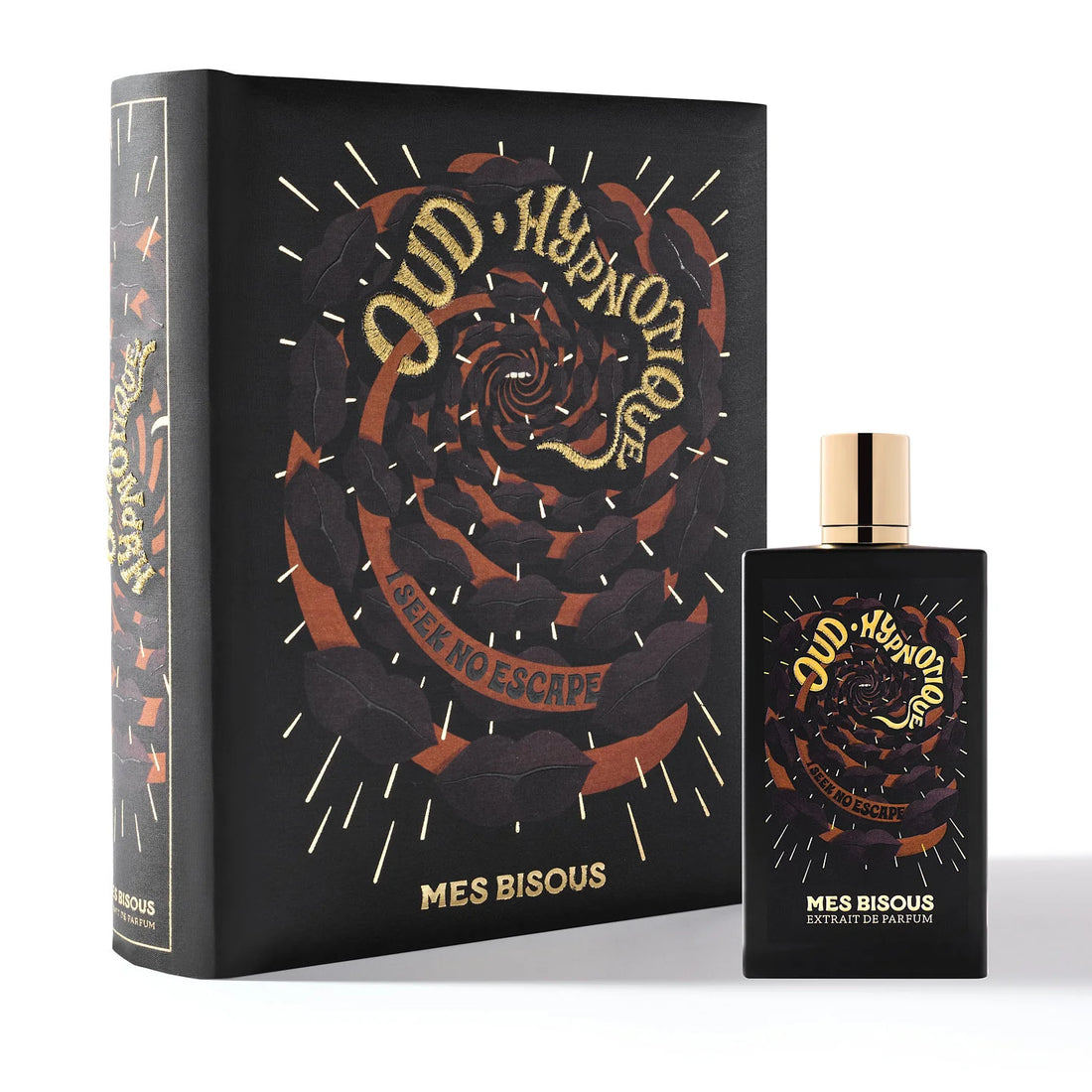 MES BISOUS Oud Hypnotique perfume bottle and decorative box with black and gold design