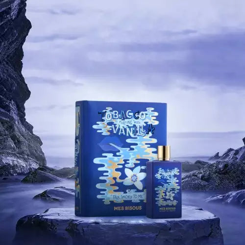 MES BISOUS Tobacco vanilla extrait de parfum in blue bottle with matching decorative box