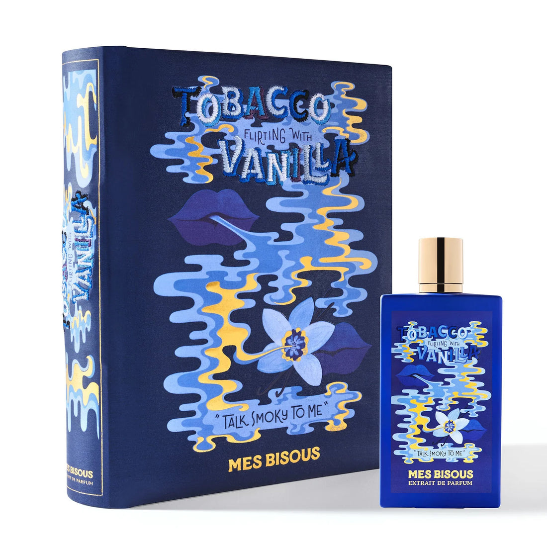 MES BISOUS Tobacco vanilla extrait de parfum in blue bottle with matching decorative box