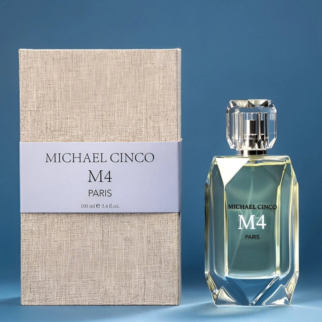 Michael Cinco M4 Paris perfume bottle with green liquid displayed on rustic wooden base and natural dried floral decor