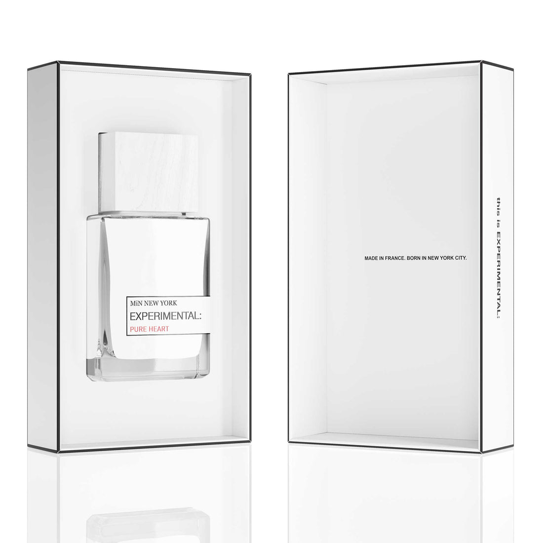 MiN NEW YORK Experimental Pure Heart perfume bottle and minimalist white box packaging