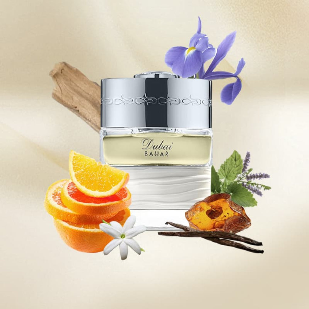 SPIRIT OF DUBAI Dubai Bahar perfume 50ml bottle surrounded by citrus, amber, vanilla, and floral notes