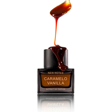 NEW NOTES Caramelo Vanilla Extrait De Parfum 50ml with caramel syrup dripping on black perfume bottle