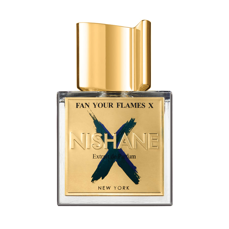 Nishane Fan Your Flames X perfume bottle with gold cap and label featuring blue and black X design