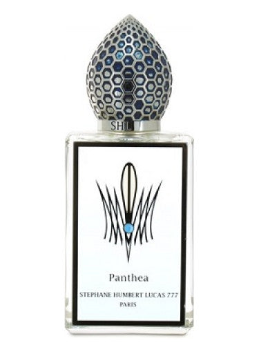 Stephane Humbert Lucas Panthea niche perfume in a clear bottle with a blue and silver hexagonal cap