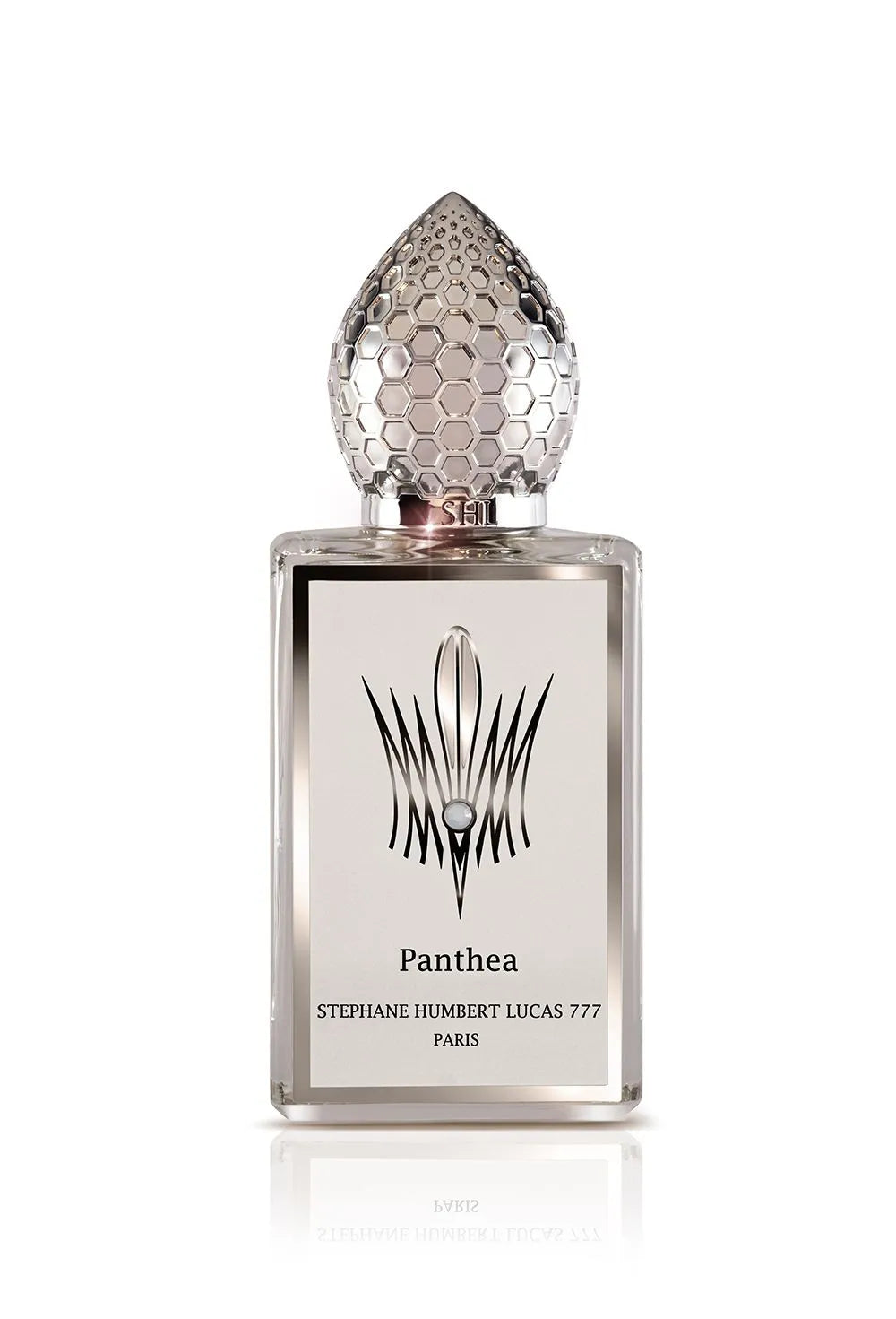 Stephane Humbert Lucas Panthea niche perfume bottle with silver honeycomb cap and elegant label