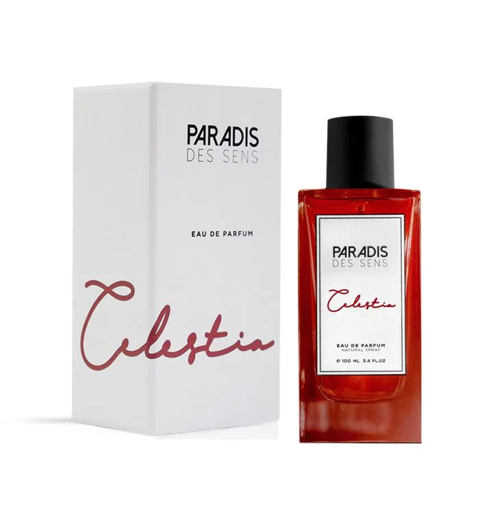 Paradis Des Sens Celestia fragrance Eau de Parfum bottle and packaging in red and white design