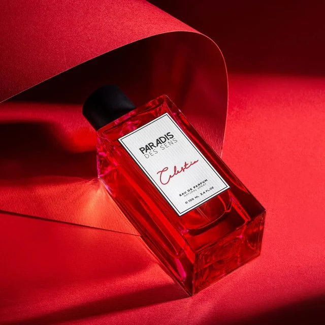 Paradis Des Sens Celestia fragrance Eau de Parfum bottle and packaging in red and white design