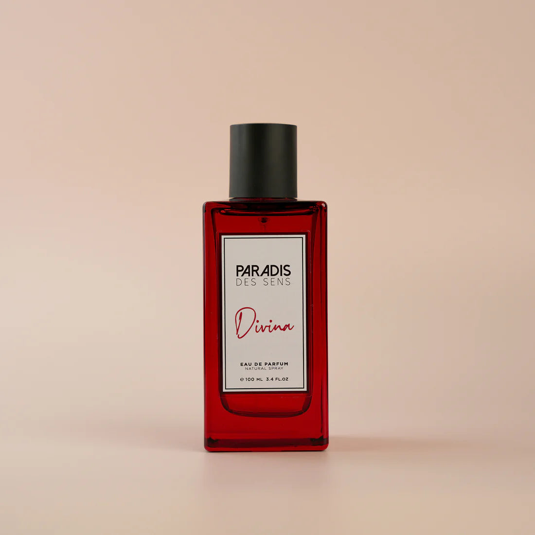 Paradis Des Sens Divina perfume bottle and white box with elegant red and black text by The Scent Library