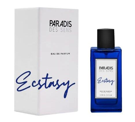 Paradis des Sens Ecstasy eau de parfum blue bottle with white packaging box