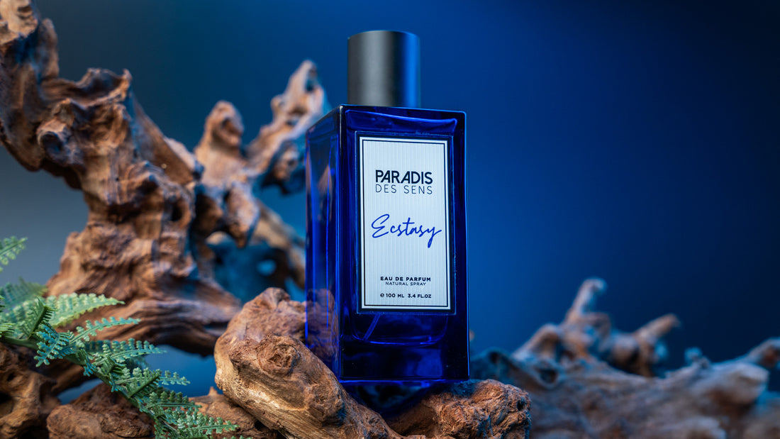 Paradis des Sens Ecstasy eau de parfum blue bottle with white packaging box