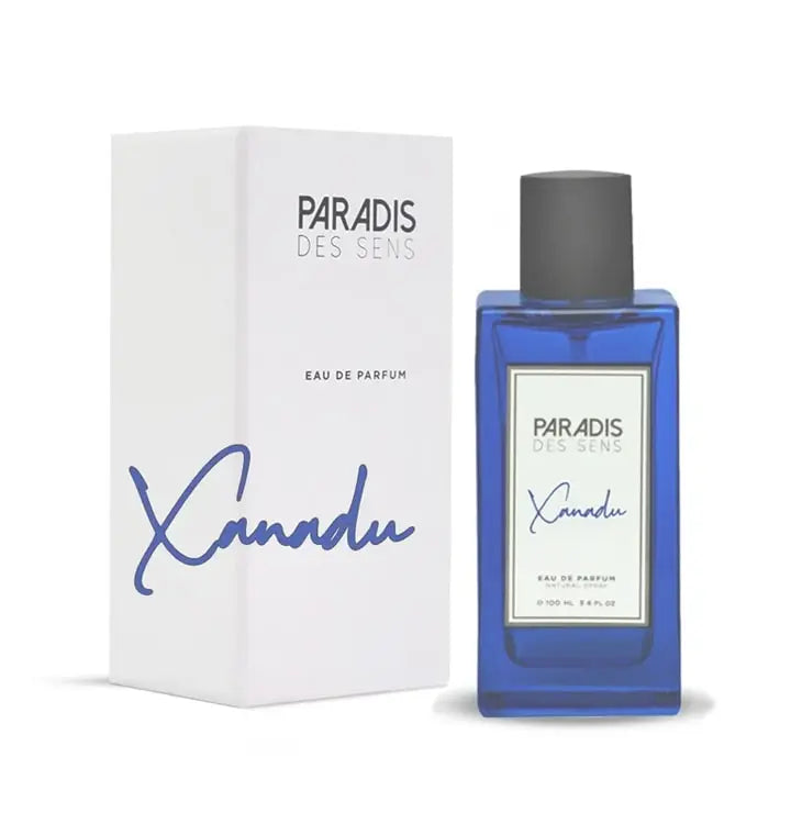Paradis Des Sens Xanadu perfume blue bottle with black cap and white packaging box
