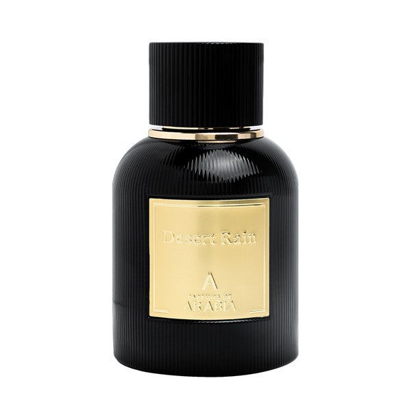 Parfums De Arabia Desert Rain EDP black perfume bottle with gold label and black cap