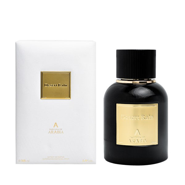 Parfums De Arabia Desert Rain EDP black perfume bottle with gold label and black cap