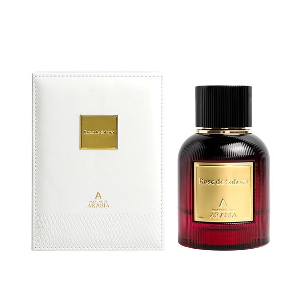 Parfums De Arabia Rose De Sahara perfume bottle with gold label and black cap Parfums De Arabia Rose De Sahara review
