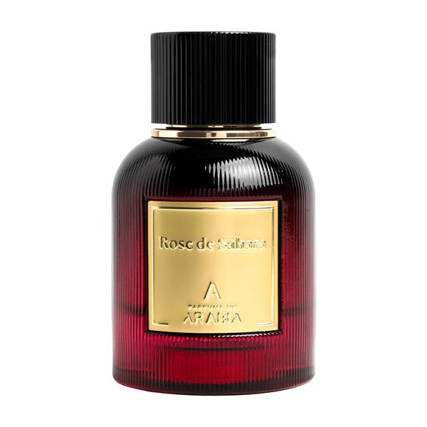Parfums De Arabia Rose De Sahara perfume bottle with gold label and black cap Parfums De Arabia Rose De Sahara review