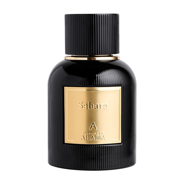 Parfums De Arabia Sahara EDP perfume bottle in black with gold label and cap