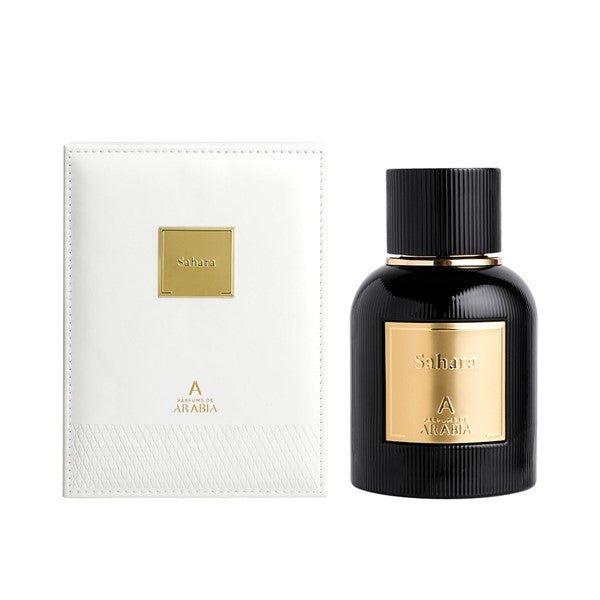 Parfums De Arabia Sahara EDP perfume bottle in black with gold label and cap