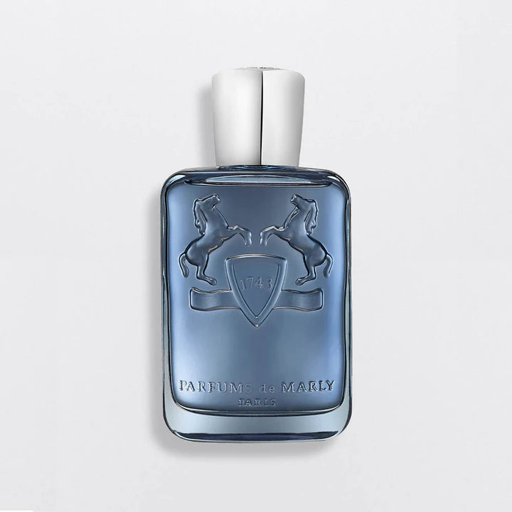 Parfums De Marly Sedley for men perfume bottle in blue glass with embossed logo and silver cap