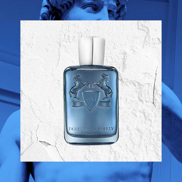 Parfums De Marly Sedley for men blue perfume bottle with silver cap and embossed horses logo