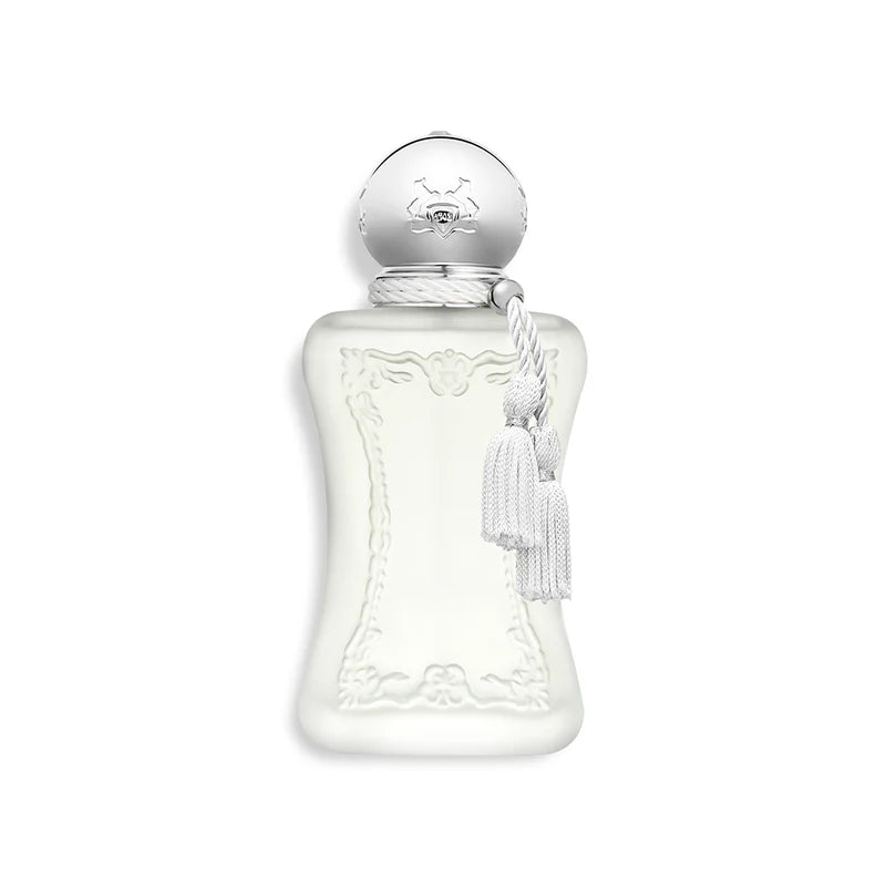Parfums De Marly Valaya 30ml elegant white frosted perfume bottle with silver cap and tassel
