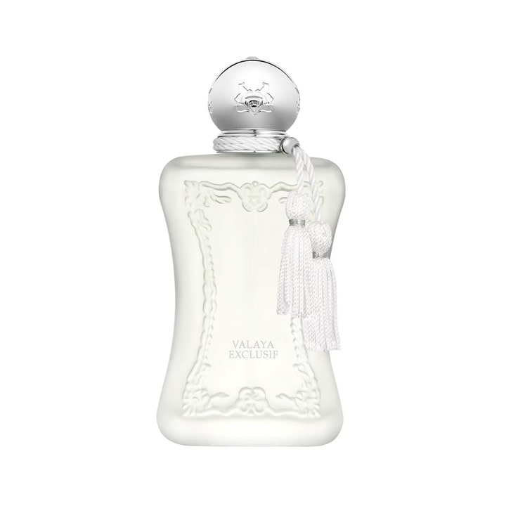 Parfums de Marly Valaya Exclusif perfume bottle with elegant white frosted glass and silver cap