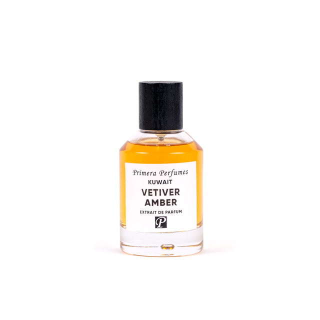 Primera Perfumes Vetiver Amber perfume 100ml bottle with black cap and amber liquid