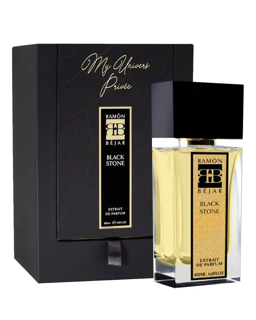 Ramon Bejar Black Stone perfume 100ml bottle with gold label and black cap next to matching black and gold box