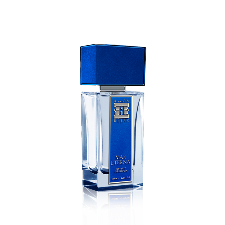 Ramon Bejar Mar Eterna perfume bottle with blue cap and label on black background
