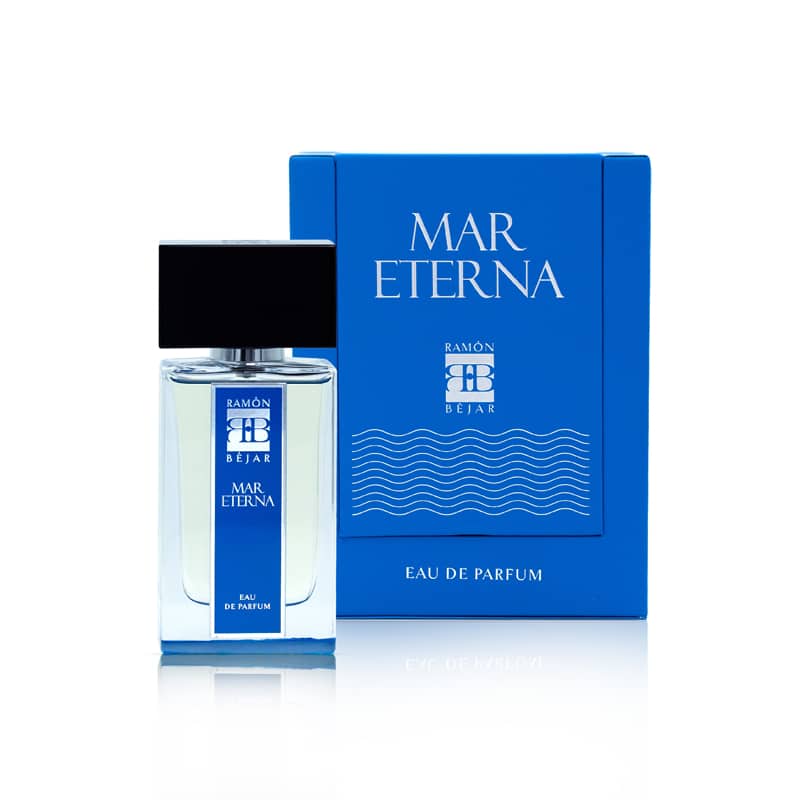 Ramon Bejar Mar Eterna perfume bottle and blue box with elegant branding and black cap