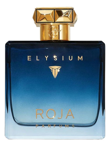 Roja Elysium Pour Homme cologne in a luxurious blue glass bottle with a stylish gold cap