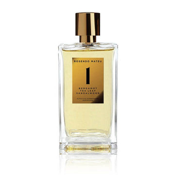 Rosendo Mateu No 1 Eau De Parfum bottle with bergamot tea leaf and sandalwood scent in clear glass