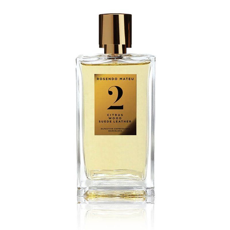 Rosendo Mateu No 2 Eau De Parfum bottle with gold cap and label featuring citrus woods suede leather scent