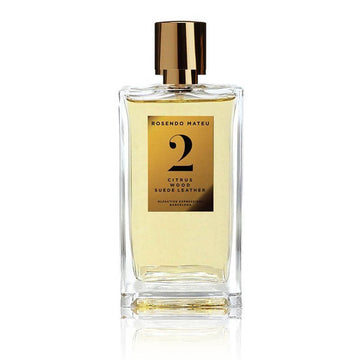 Rosendo Mateu No 2 Eau De Parfum bottle with gold cap and label featuring citrus woods suede leather scent